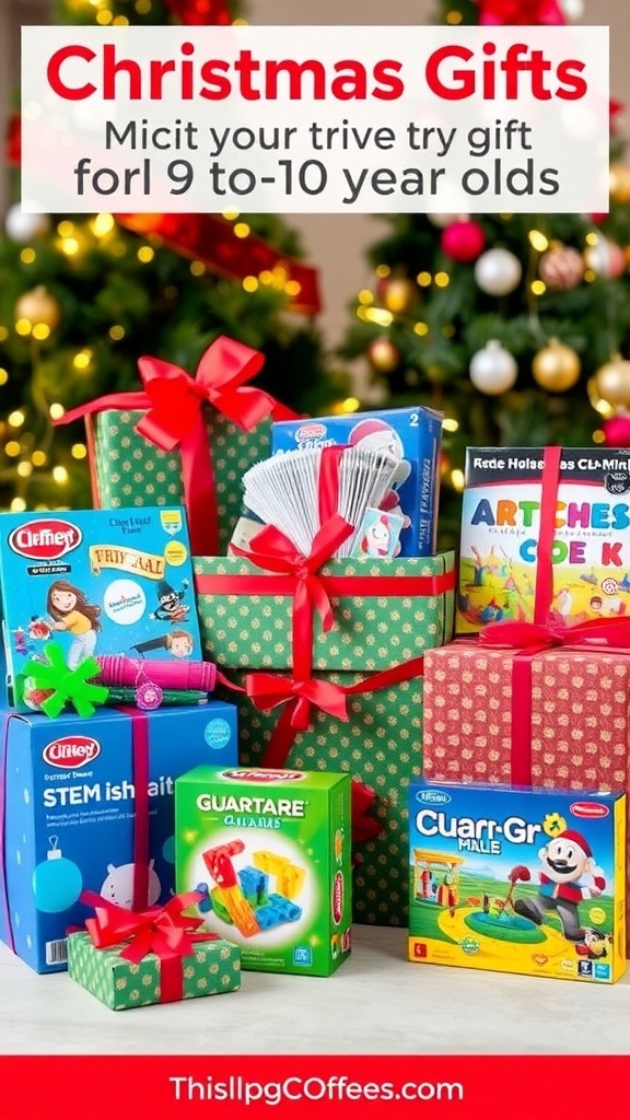 A collection of Christmas gifts for kids aged 9 to 10, including STEM kits, art supplies, and board games, set against a festive holiday backdrop.